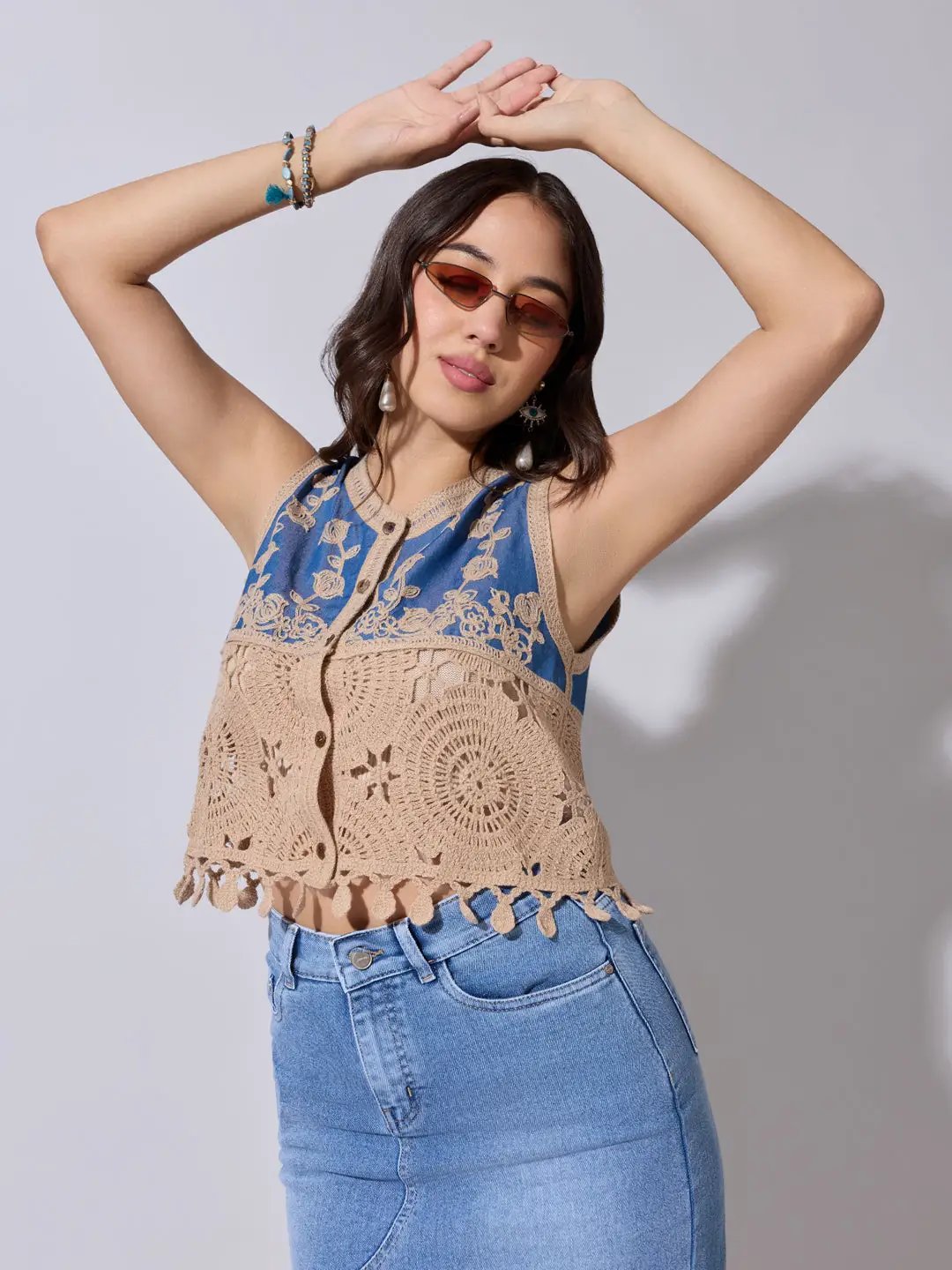 Women's Beige Crochet Denim Panel Sleeveless Top - from SHOWOFFFF