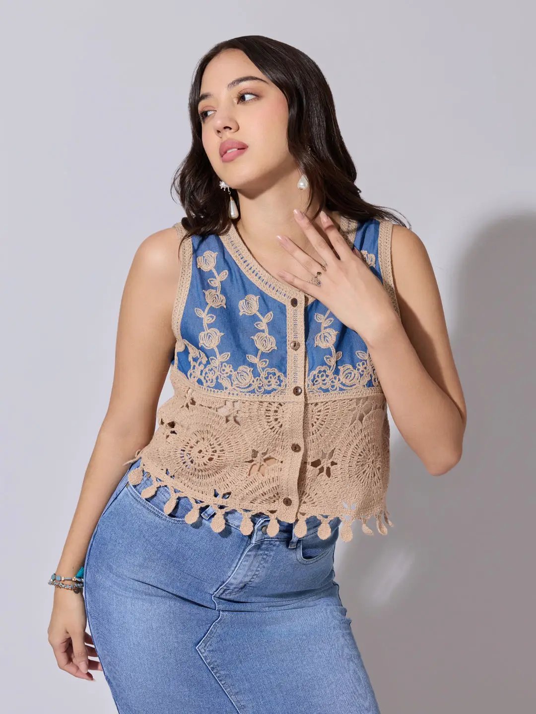 Women's Beige Crochet Denim Panel Sleeveless Top - from SHOWOFFFF
