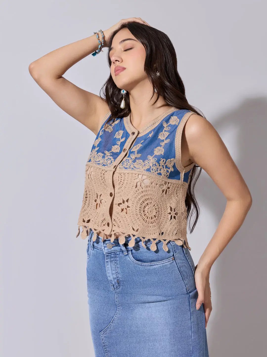 Women's Beige Crochet Denim Panel Sleeveless Top - from SHOWOFFFF