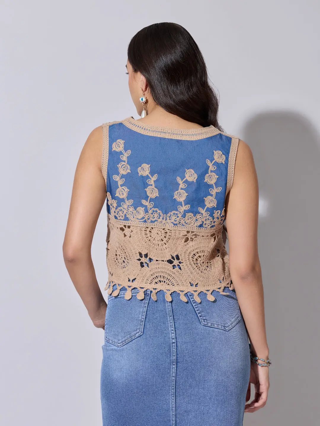 Women's Beige Crochet Denim Panel Sleeveless Top - from SHOWOFFFF