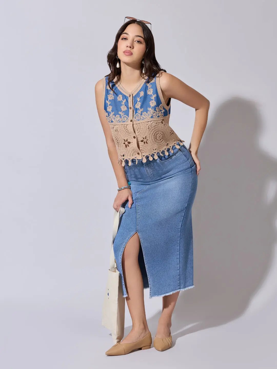 Women's Beige Crochet Denim Panel Sleeveless Top - from SHOWOFFFF