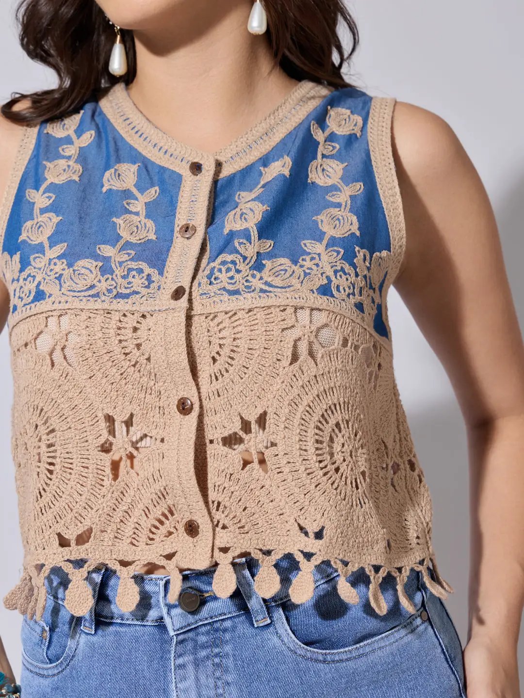 Women's Beige Crochet Denim Panel Sleeveless Top - from SHOWOFFFF