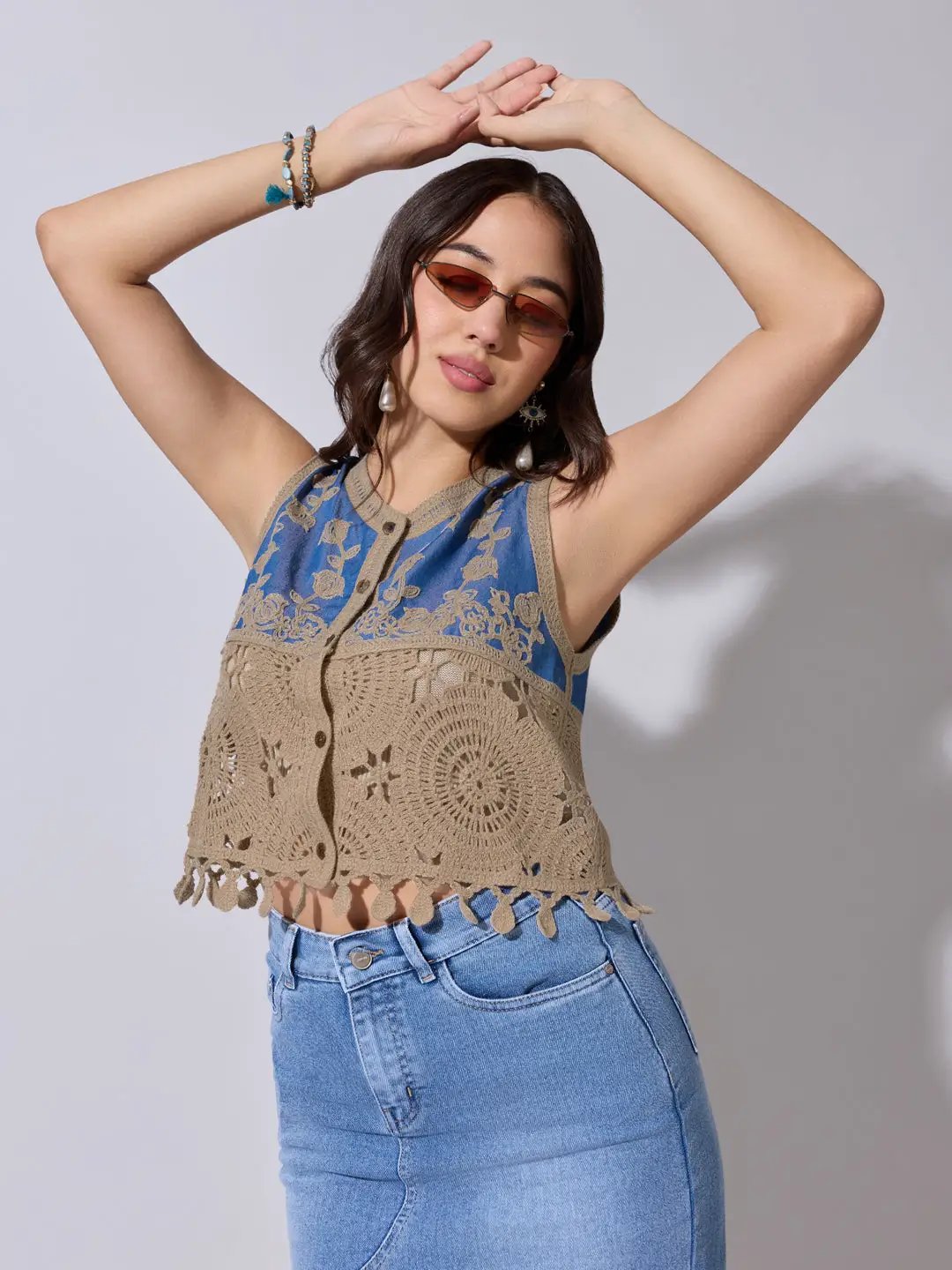 Women’s Brown Crochet Denim Panel Sleeveless Top