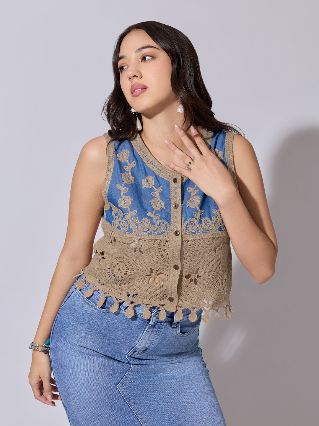 Women’s Brown Crochet Denim Panel Sleeveless Top