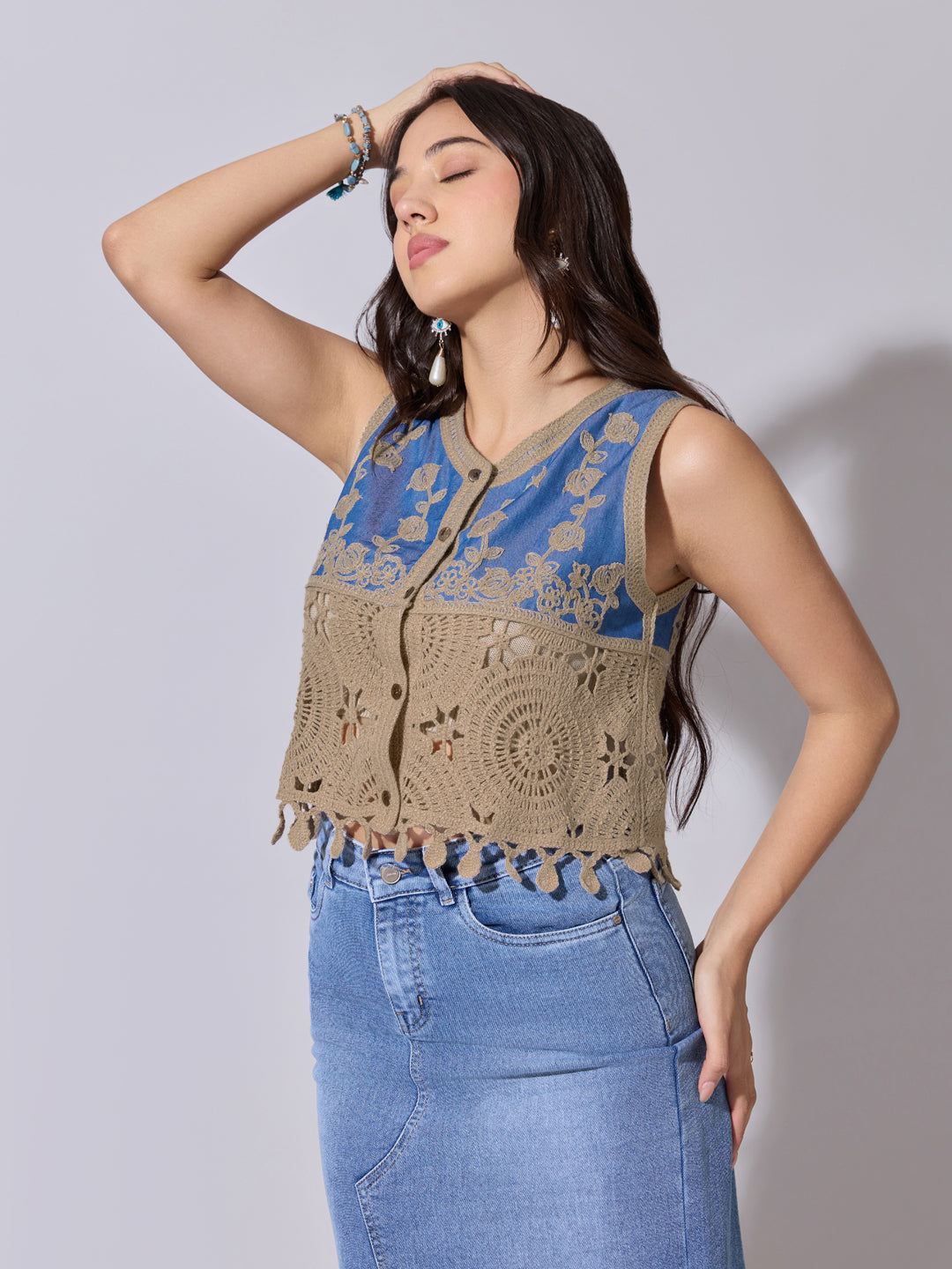 Women’s Brown Crochet Denim Panel Sleeveless Top
