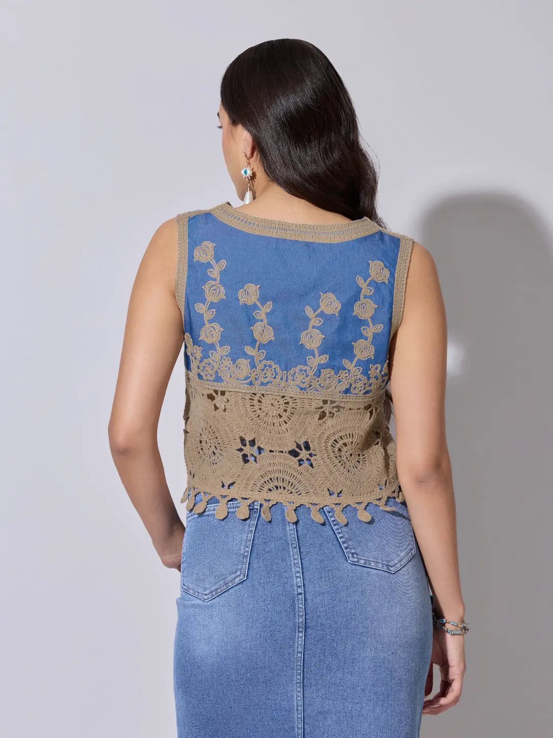 Women’s Brown Crochet Denim Panel Sleeveless Top