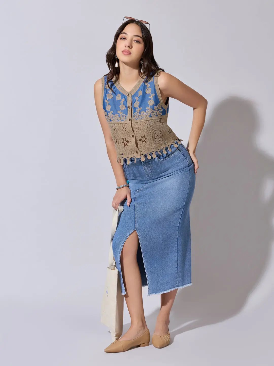 Women’s Brown Crochet Denim Panel Sleeveless Top