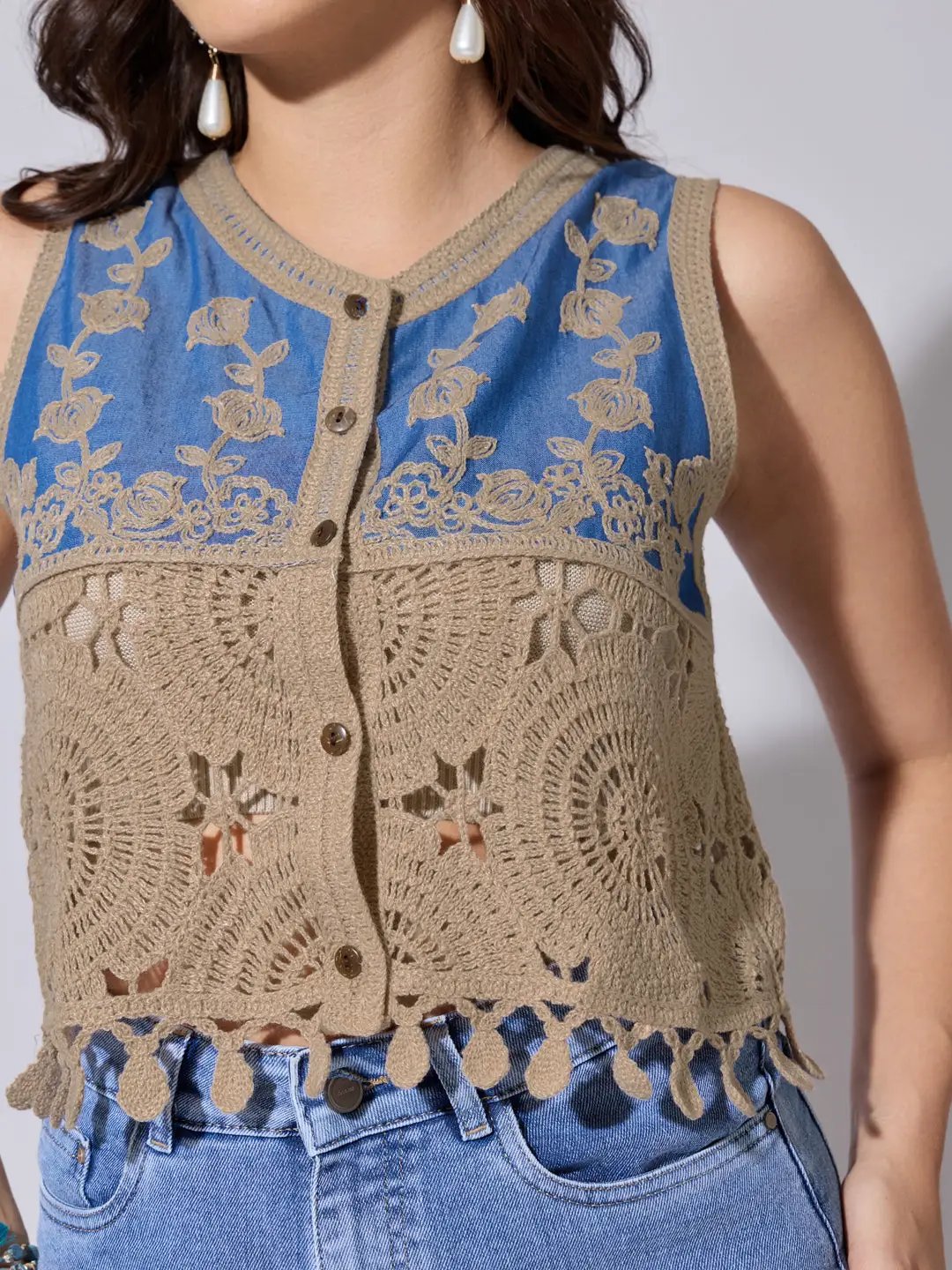 Women’s Brown Crochet Denim Panel Sleeveless Top