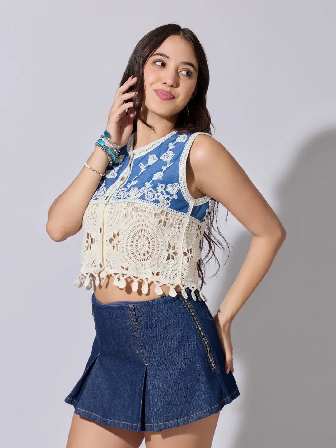 ☆☆雪☆☆Deuxieme dignity sleeveless Shop Women's Cream Crochet Denim Panel Sleeveless Top | Showoffff