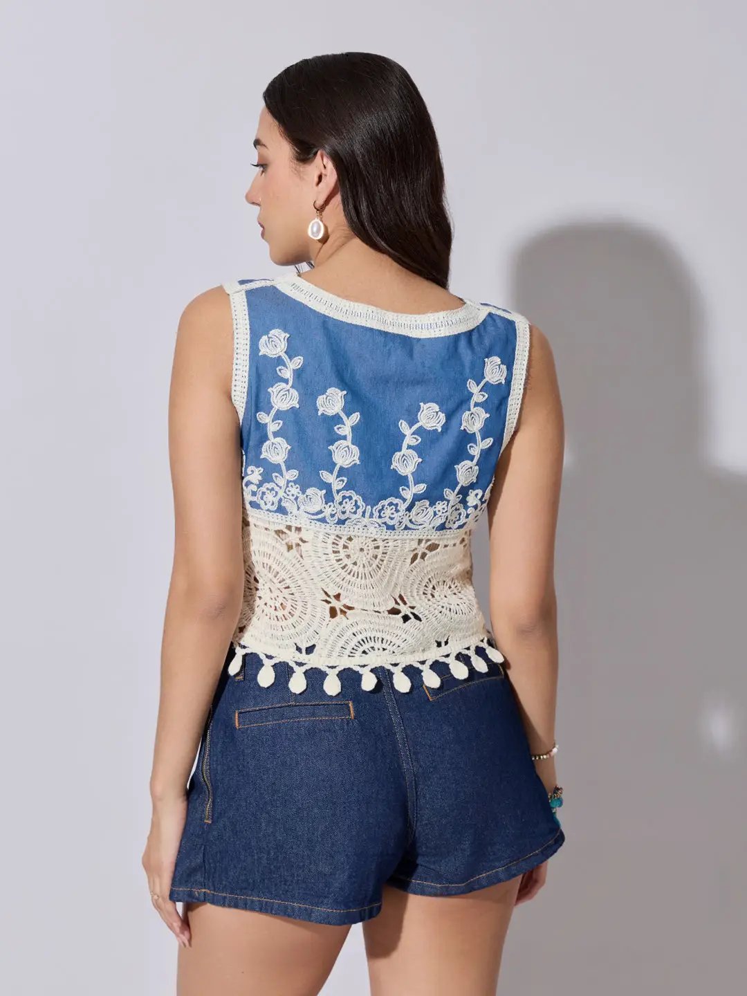 Women's Cream Crochet Denim Panel Sleeveless Top - from SHOWOFFFF