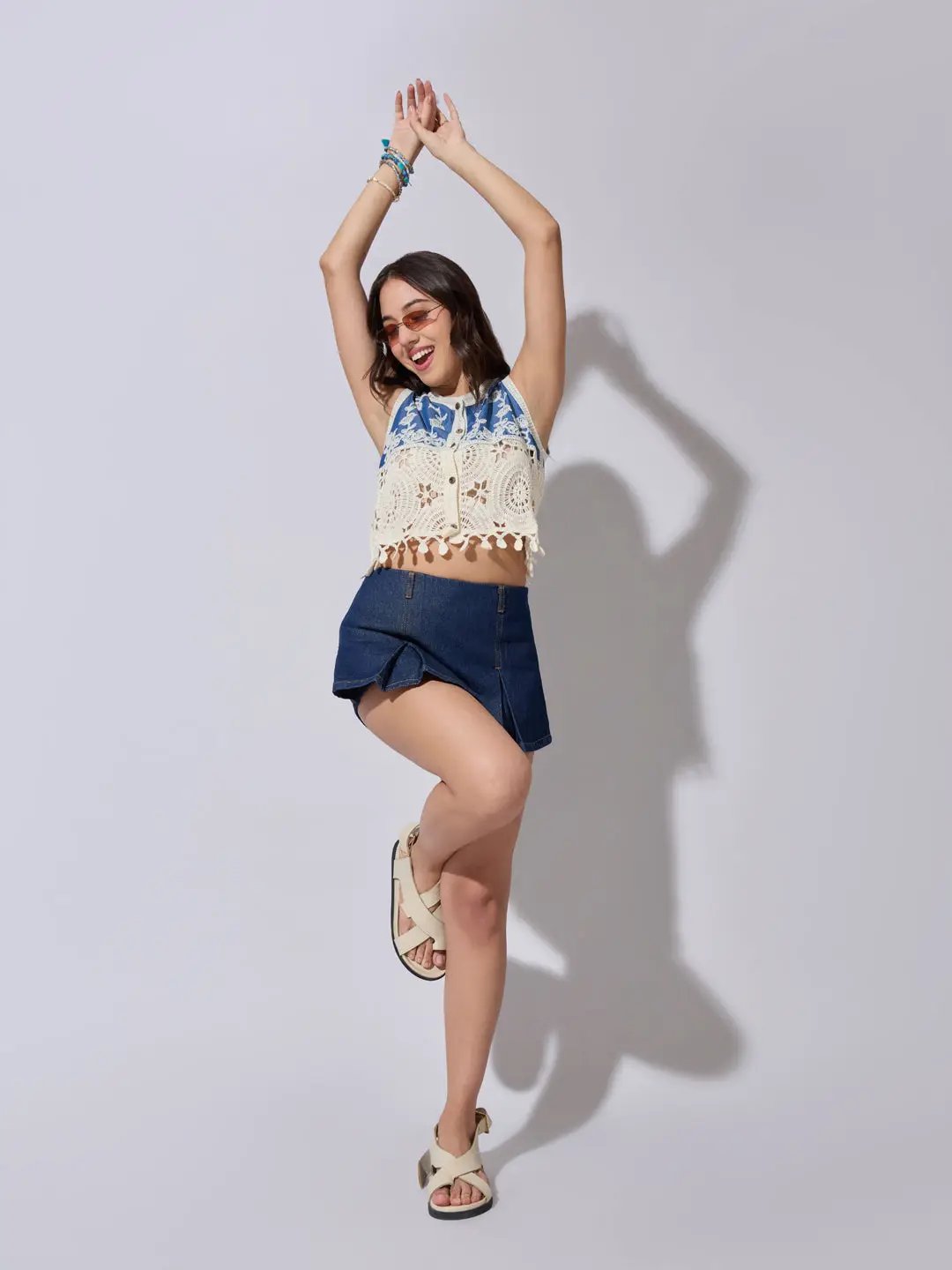 Women's Cream Crochet Denim Panel Sleeveless Top - from SHOWOFFFF