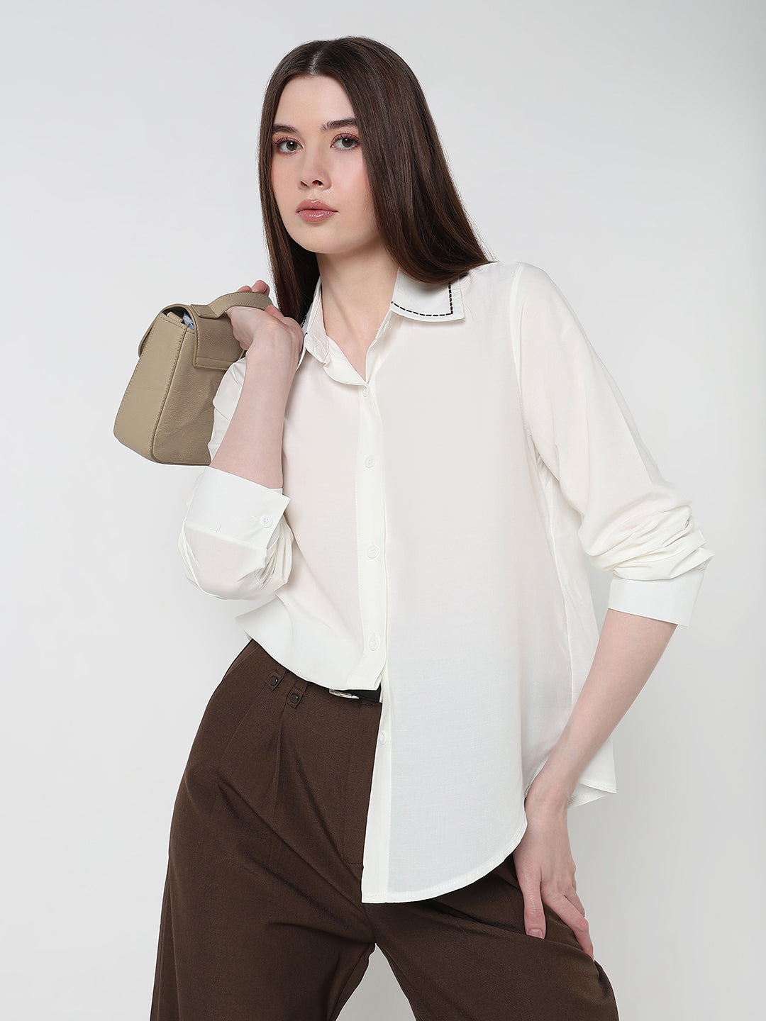 Women's White Regular Fit Shirt with Contrast Stitch Collar