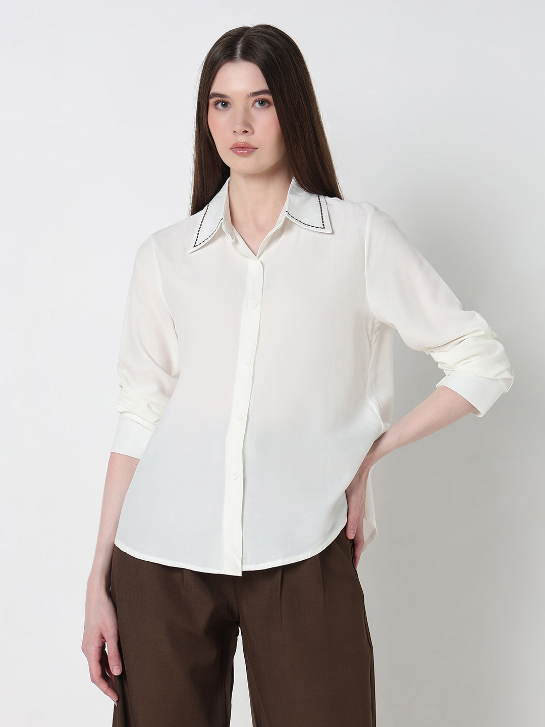 Women's White Regular Fit Shirt with Contrast Stitch Collar