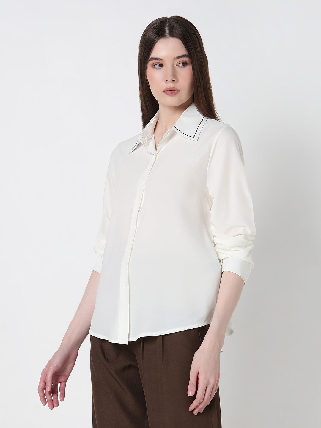 Women's White Regular Fit Shirt with Contrast Stitch Collar