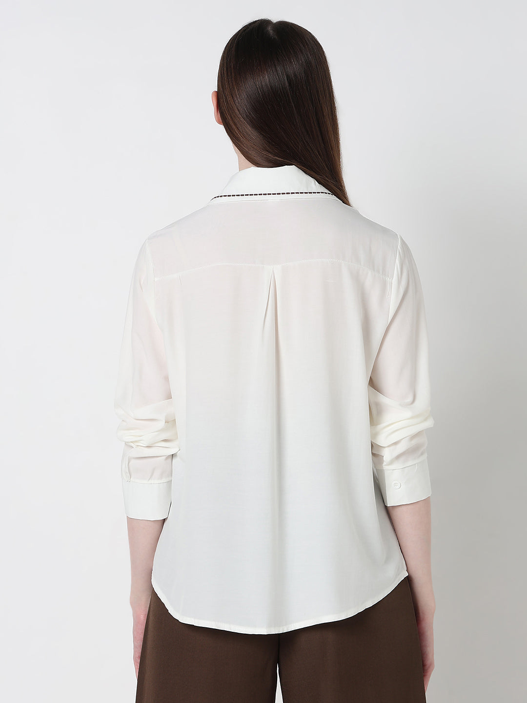 Women's White Regular Fit Shirt with Contrast Stitch Collar