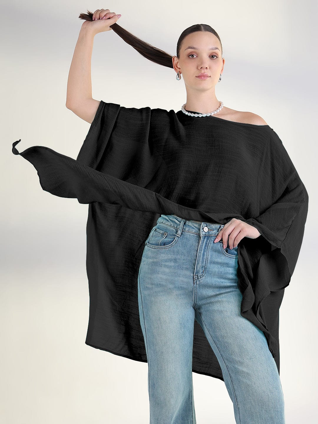 Women's Black Boat Neck Longline Top