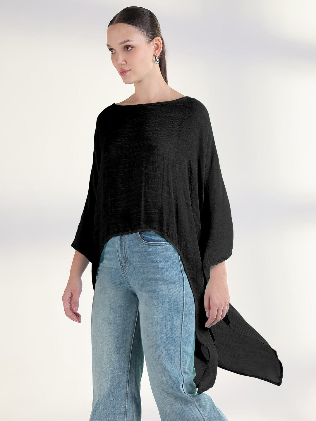 Women's Black Boat Neck Longline Top