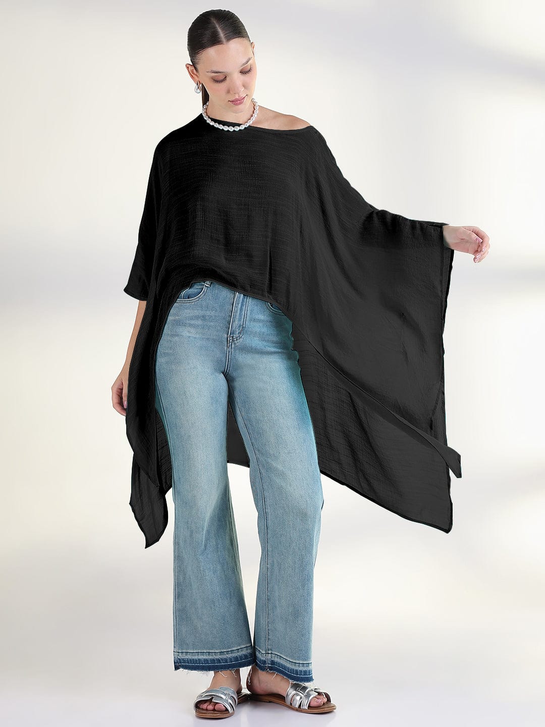 Women's Black Boat Neck Longline Top