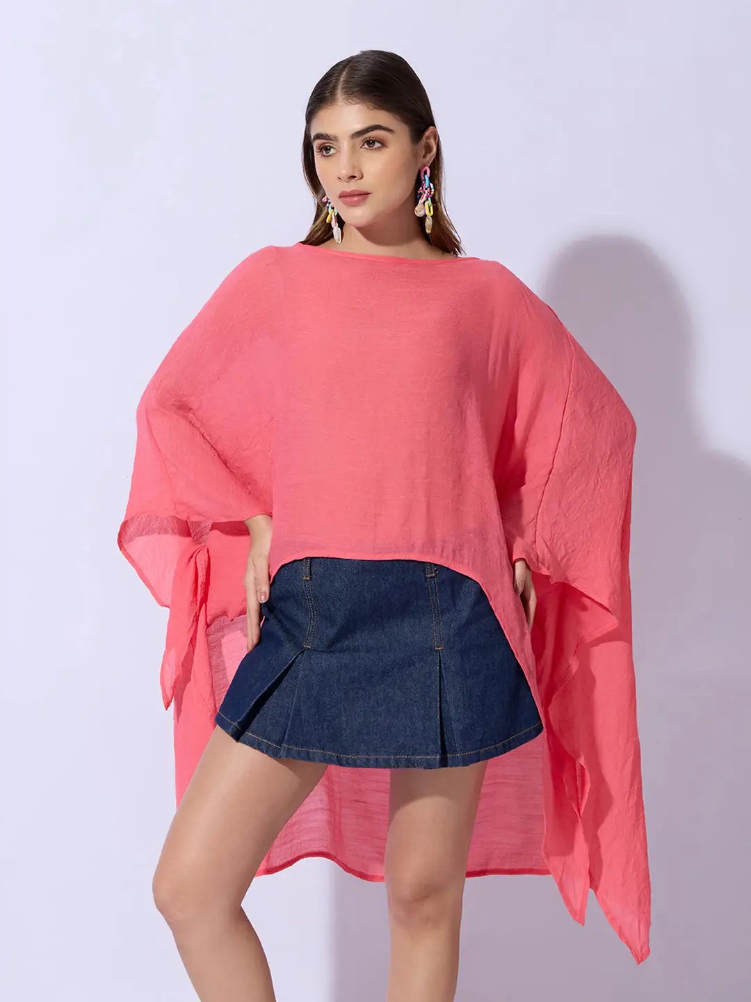 Women's Pink Boat Neck Longline Top