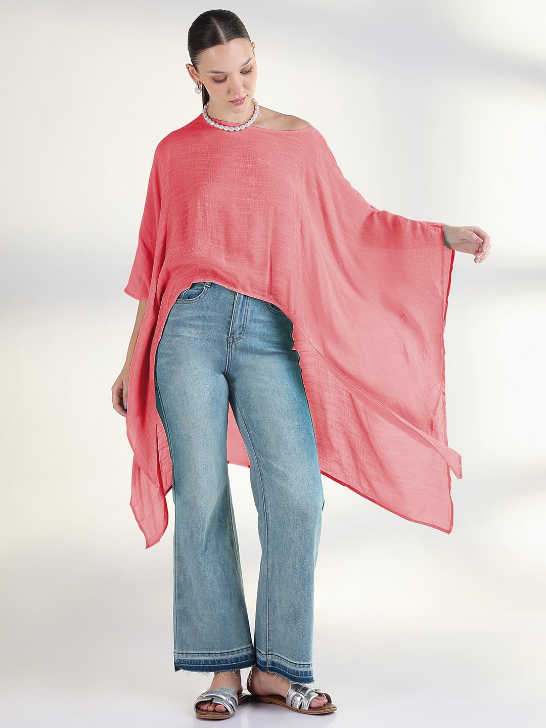 Women's Pink Boat Neck Longline Top