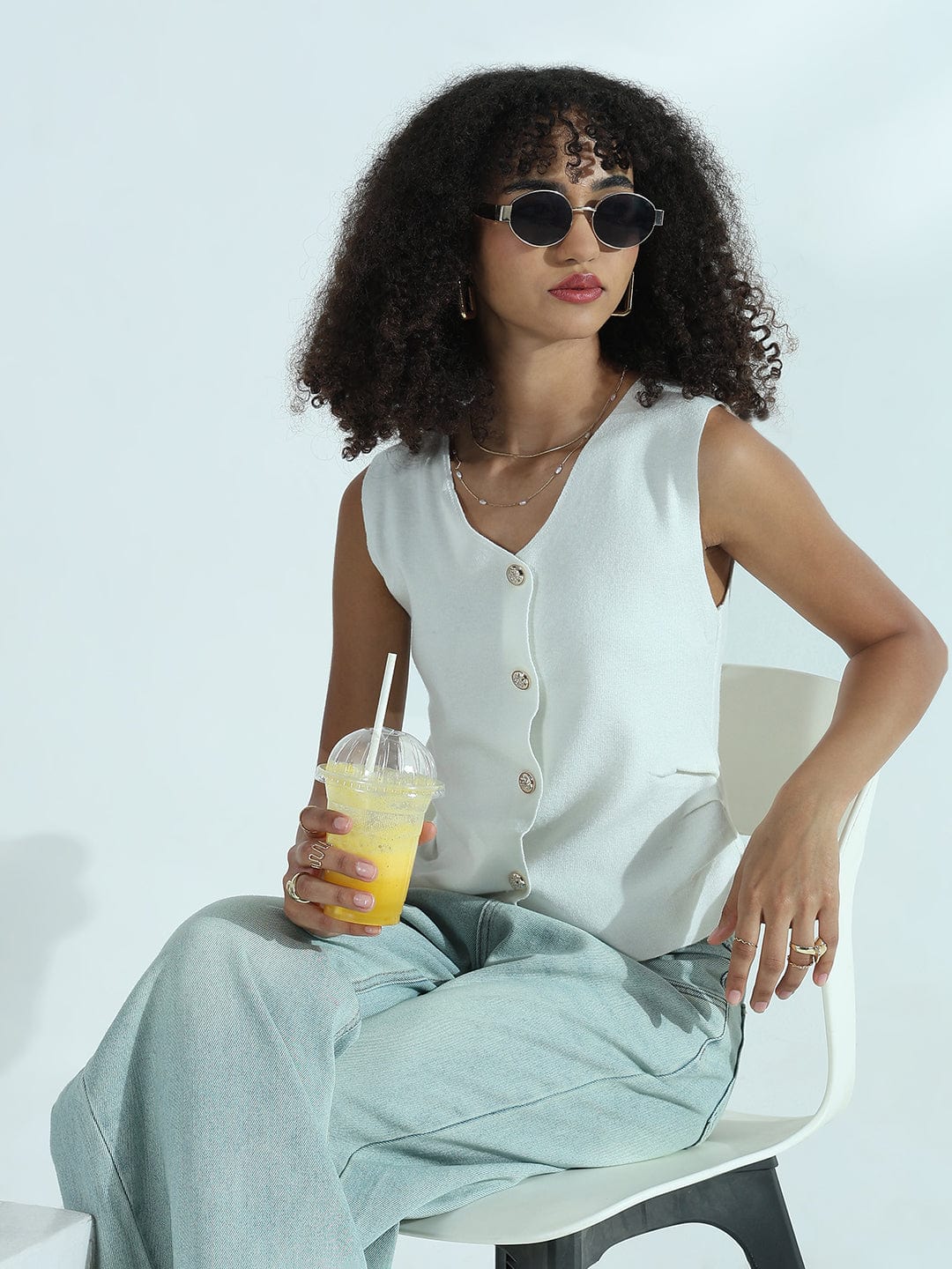 Women's White Vest Top with Gold Buttons