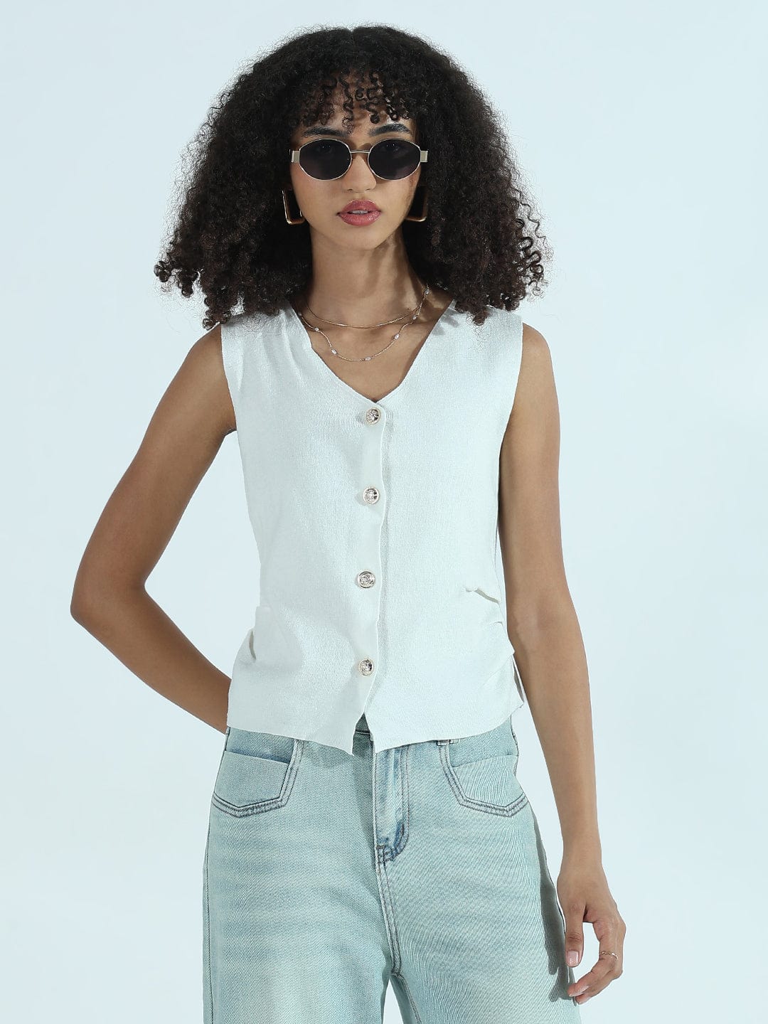 Women's White Vest Top with Gold Buttons