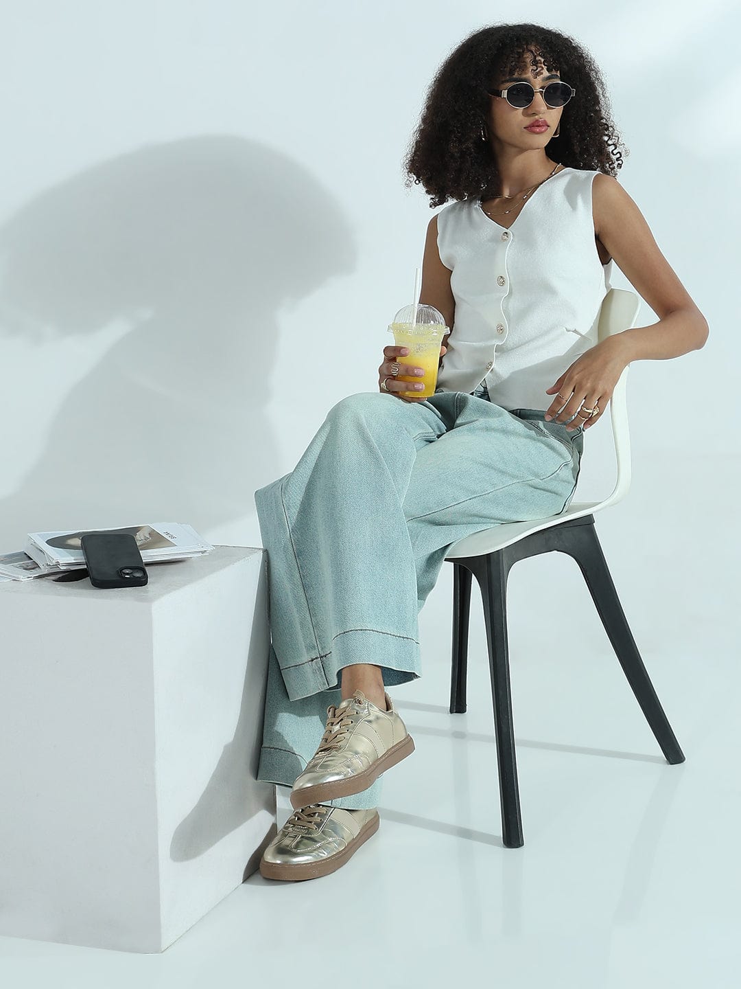 Women's White Vest Top with Gold Buttons