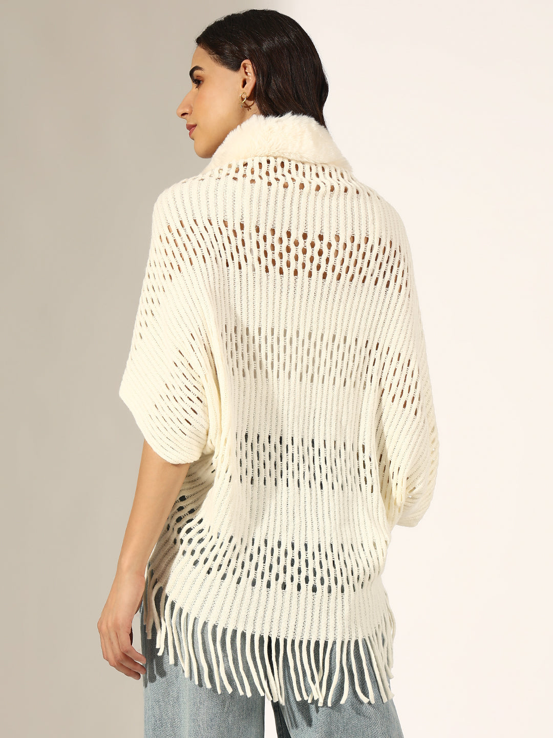 Women's Textured Cream Faux Fur Collar Open Knit Poncho