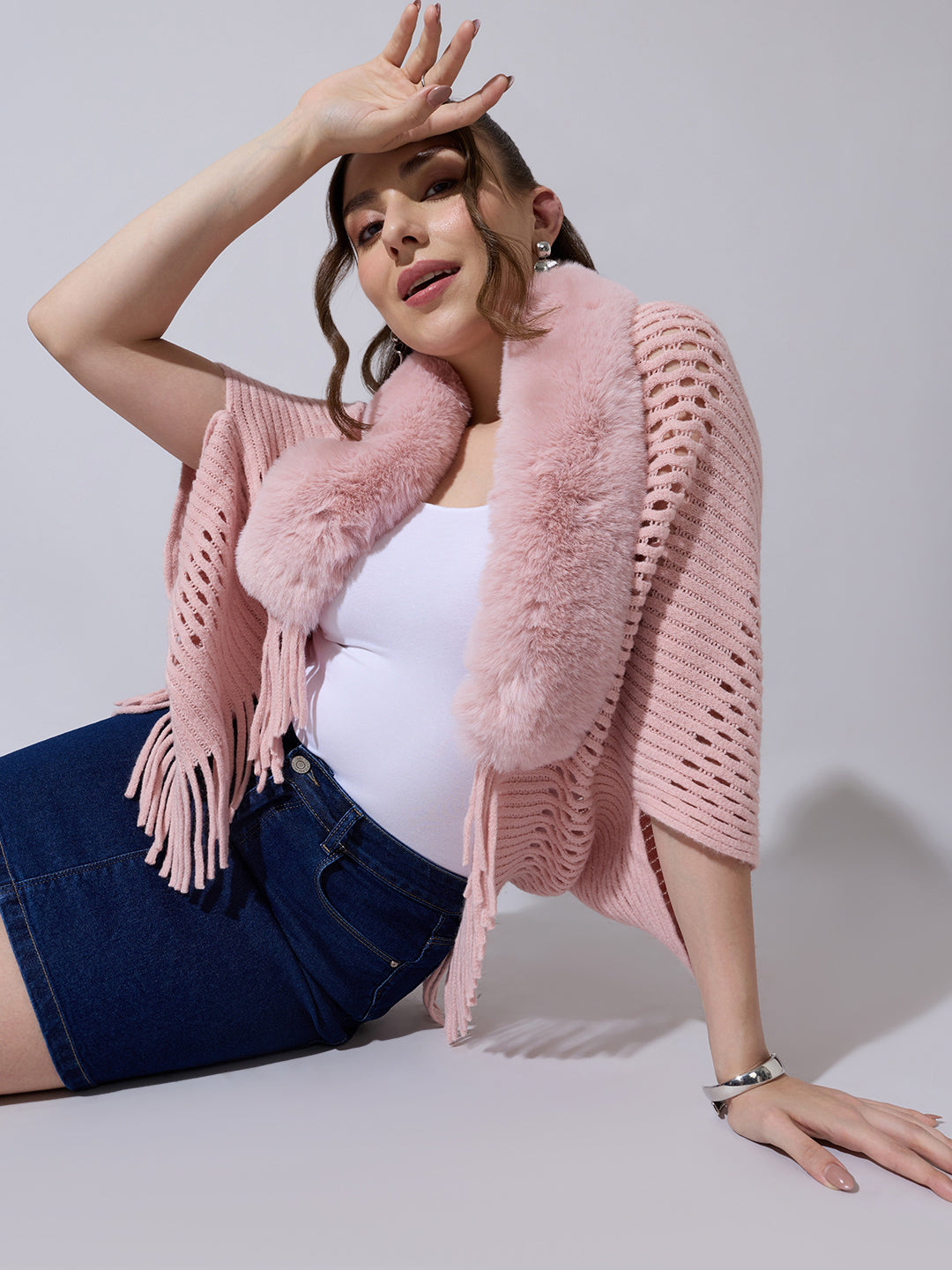Women's Open Knit Pink Poncho with Faux Fur Collar