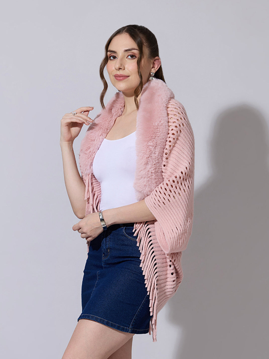 Women's Open Knit Pink Poncho with Faux Fur Collar