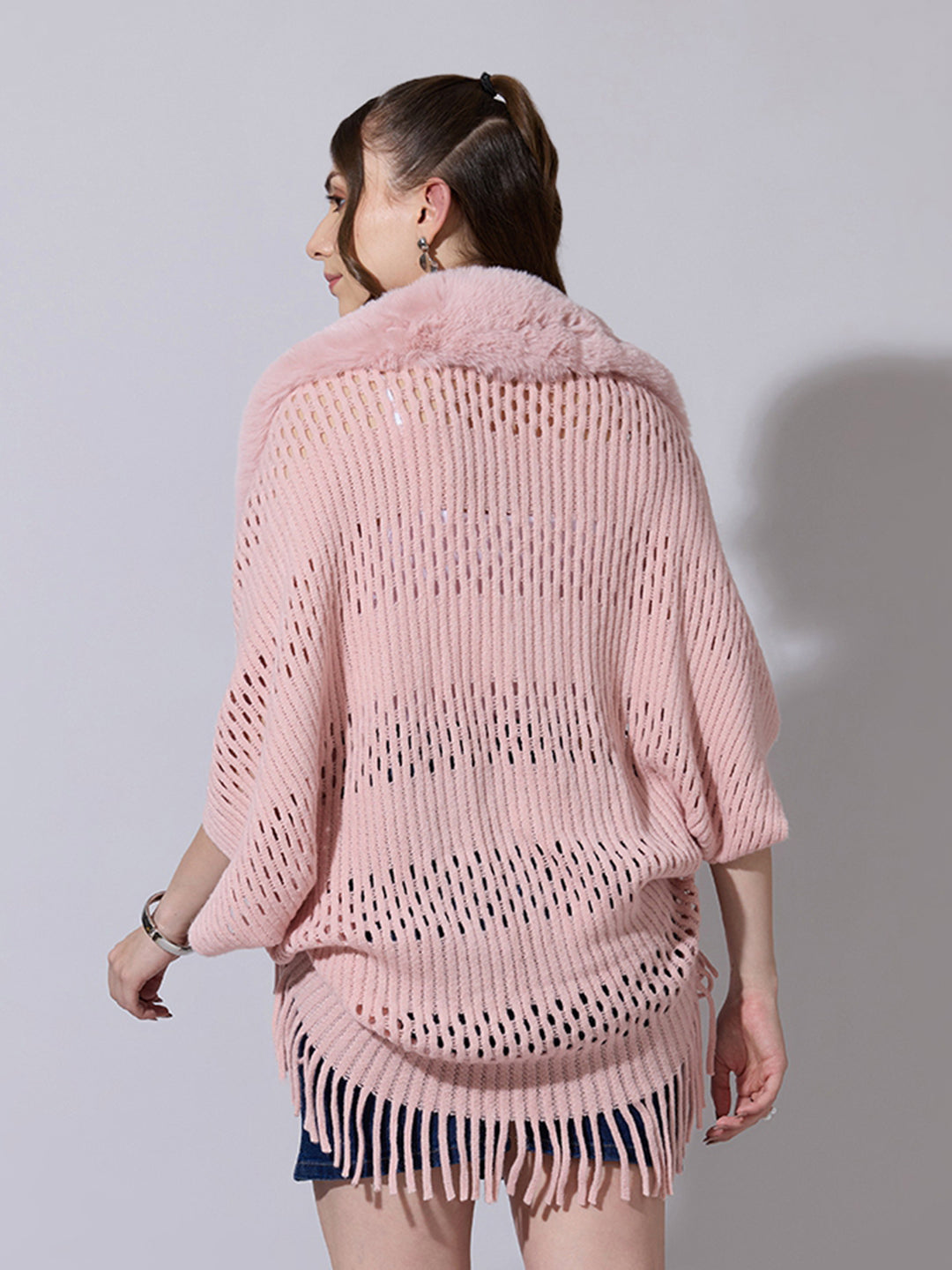 Women's Open Knit Pink Poncho with Faux Fur Collar