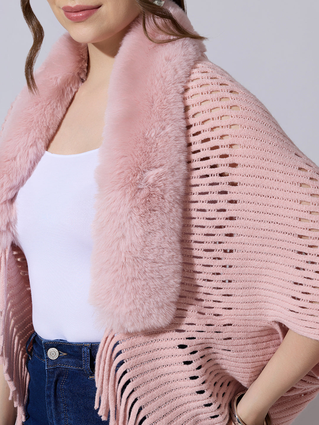 Women's Open Knit Pink Poncho with Faux Fur Collar