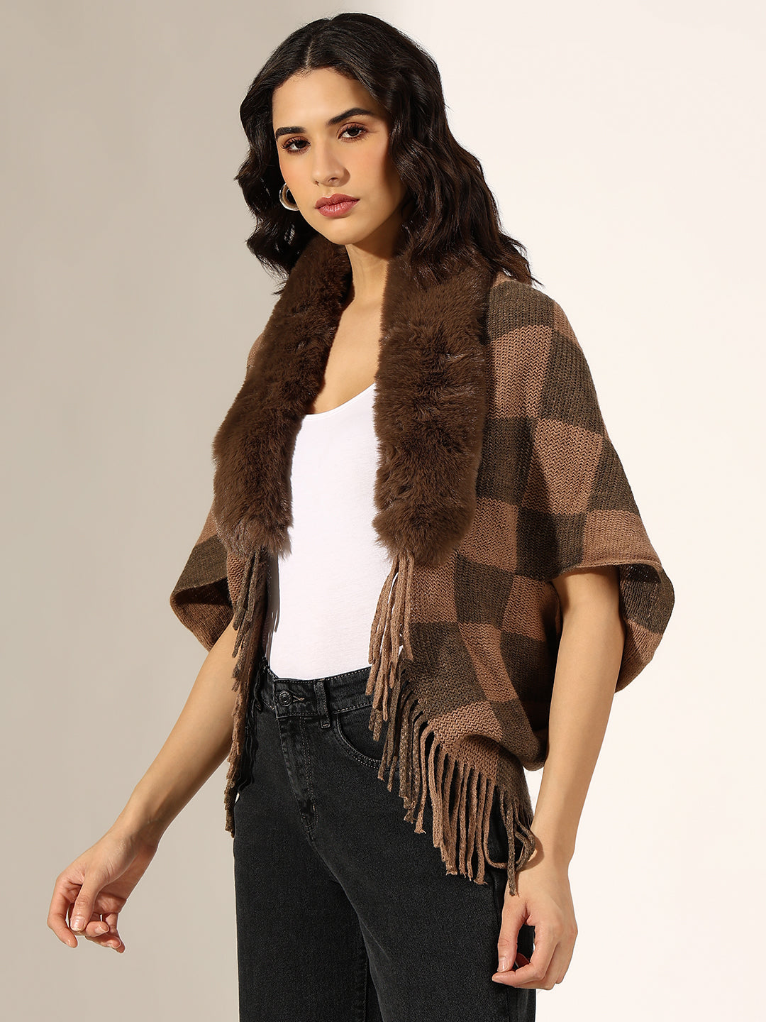 Women's Checked Brown Faux Fur Collar Poncho with Fringed Hem