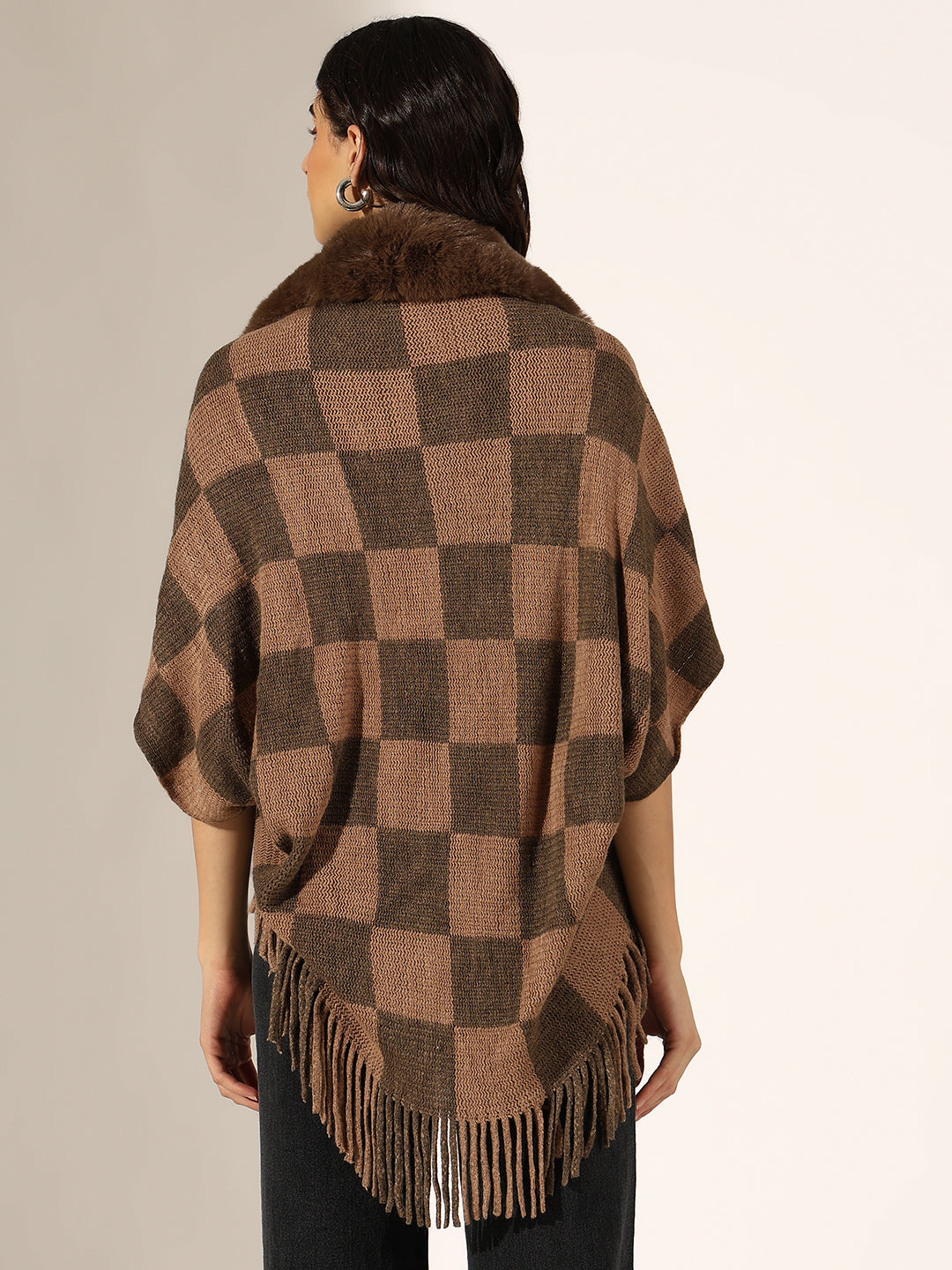 Women's Checked Brown Faux Fur Collar Poncho with Fringed Hem