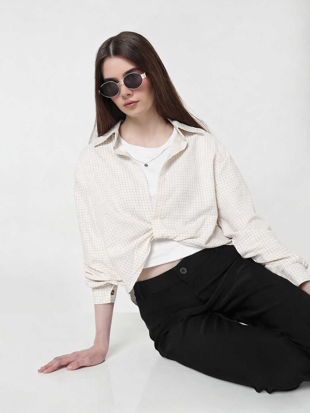 Women's Checked Cream Oversized Top with Chain