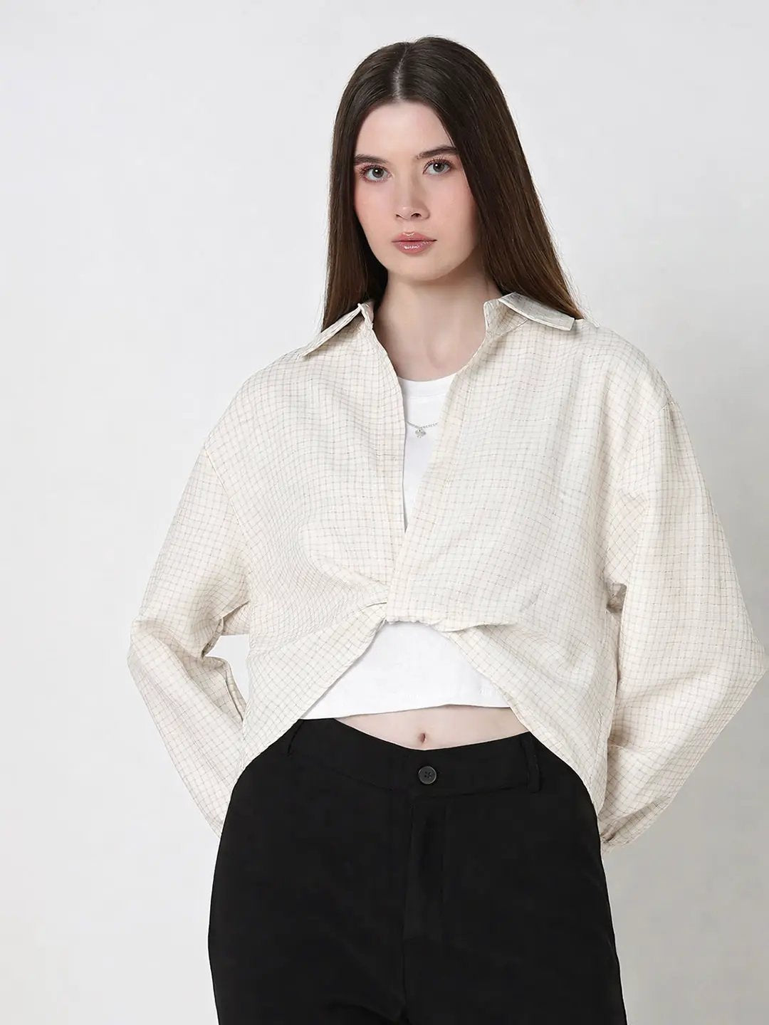 Women's Checked Cream Oversized Top with Chain