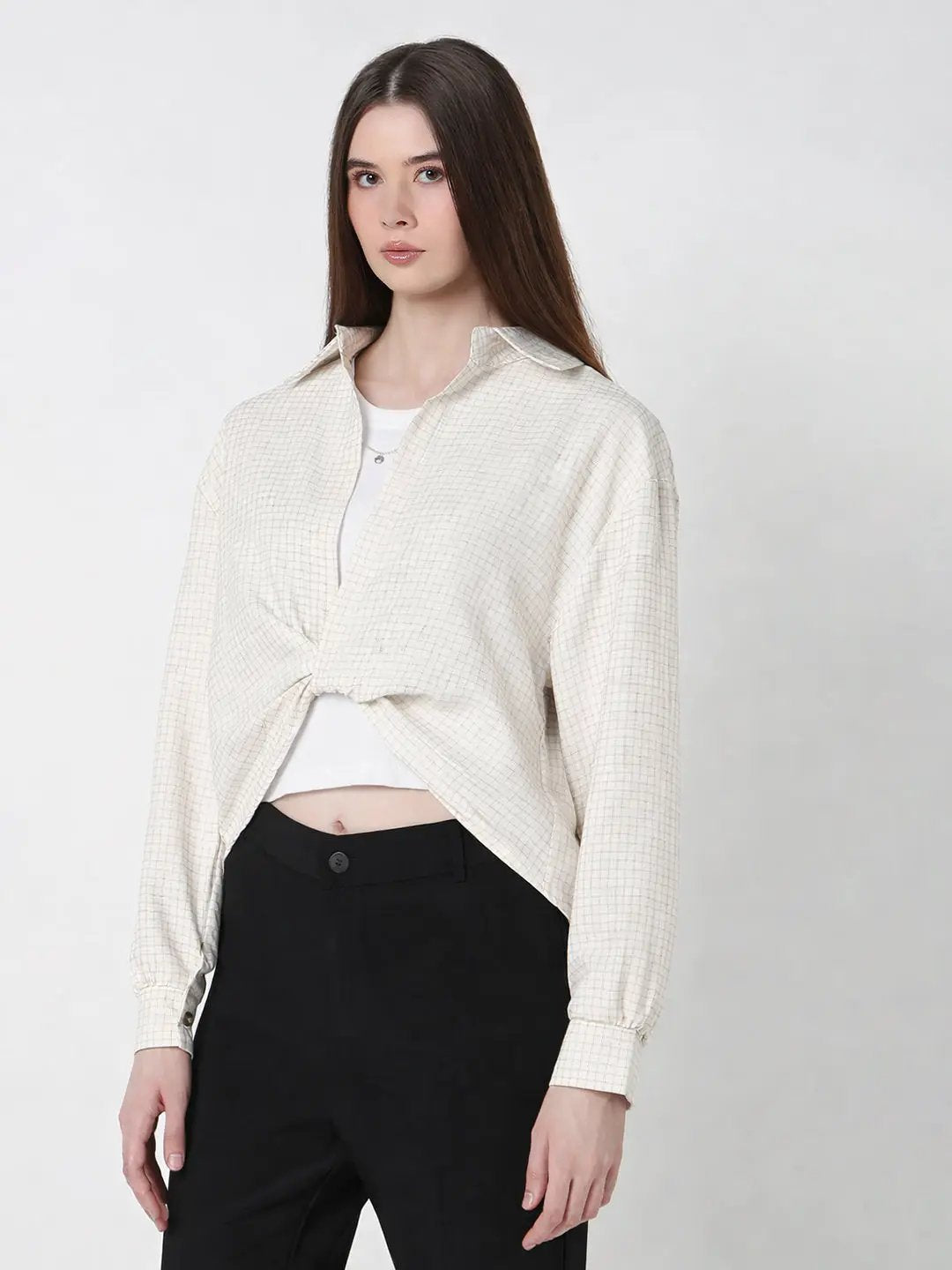 Women's Checked Cream Oversized Top with Chain