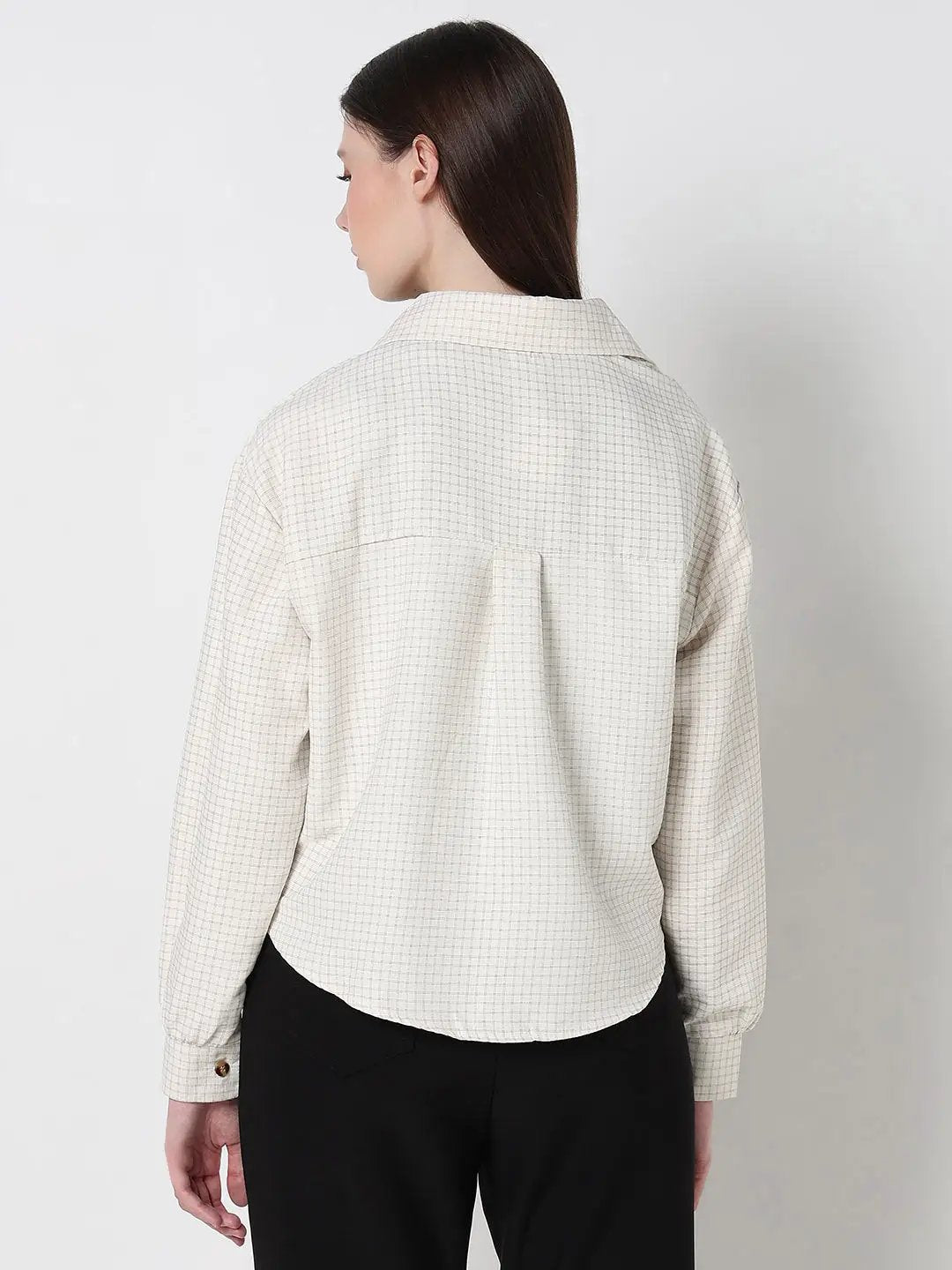 Women's Checked Cream Oversized Top with Chain