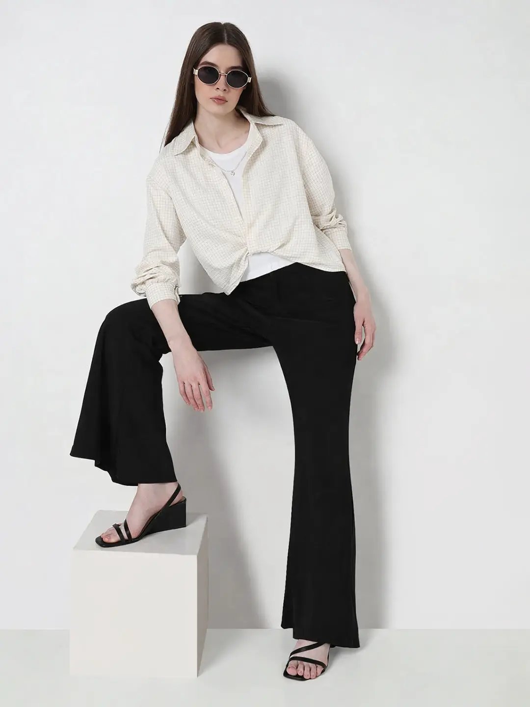 Women's Checked Cream Oversized Top with Chain