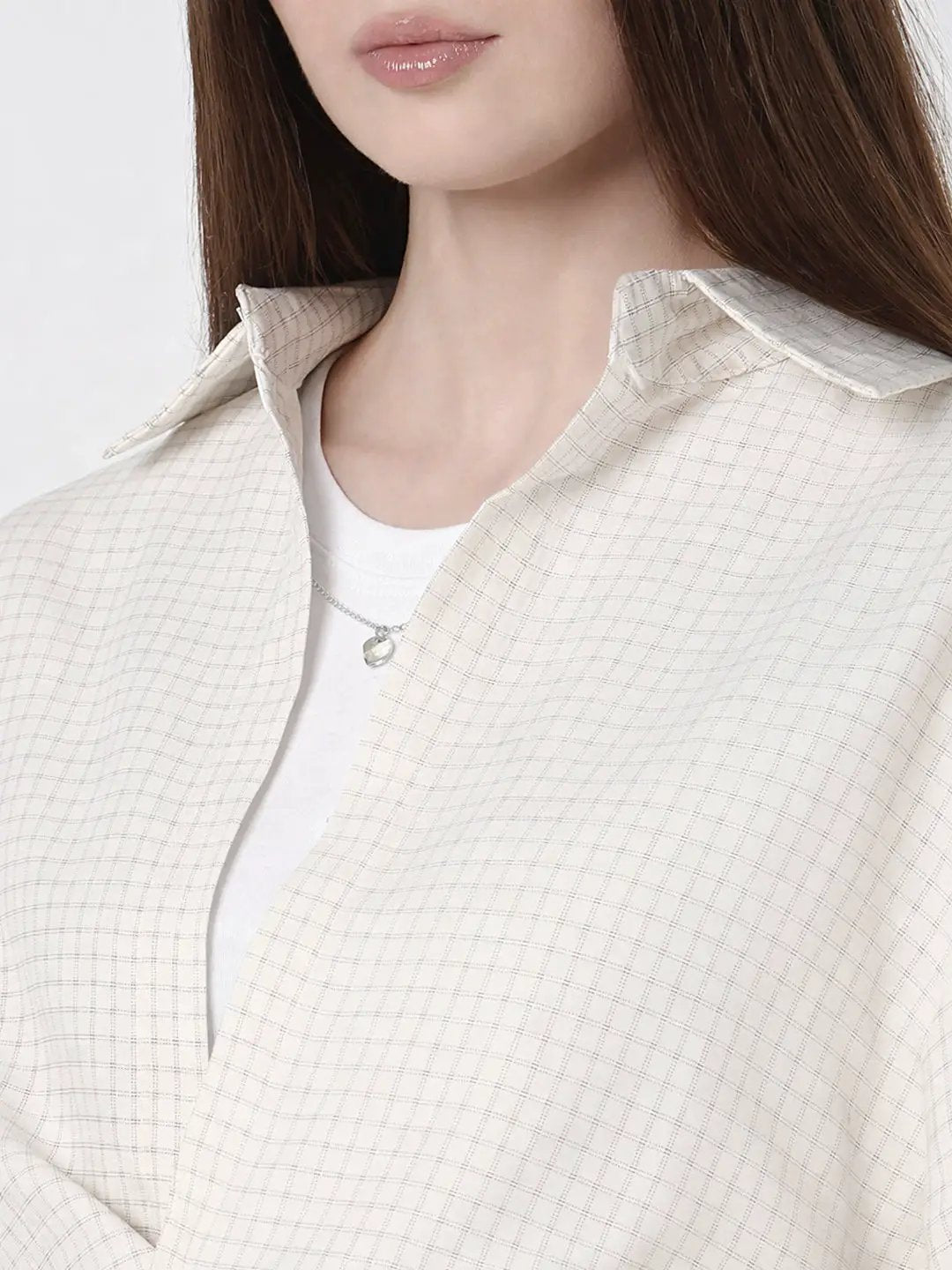 Women's Checked Cream Oversized Top with Chain