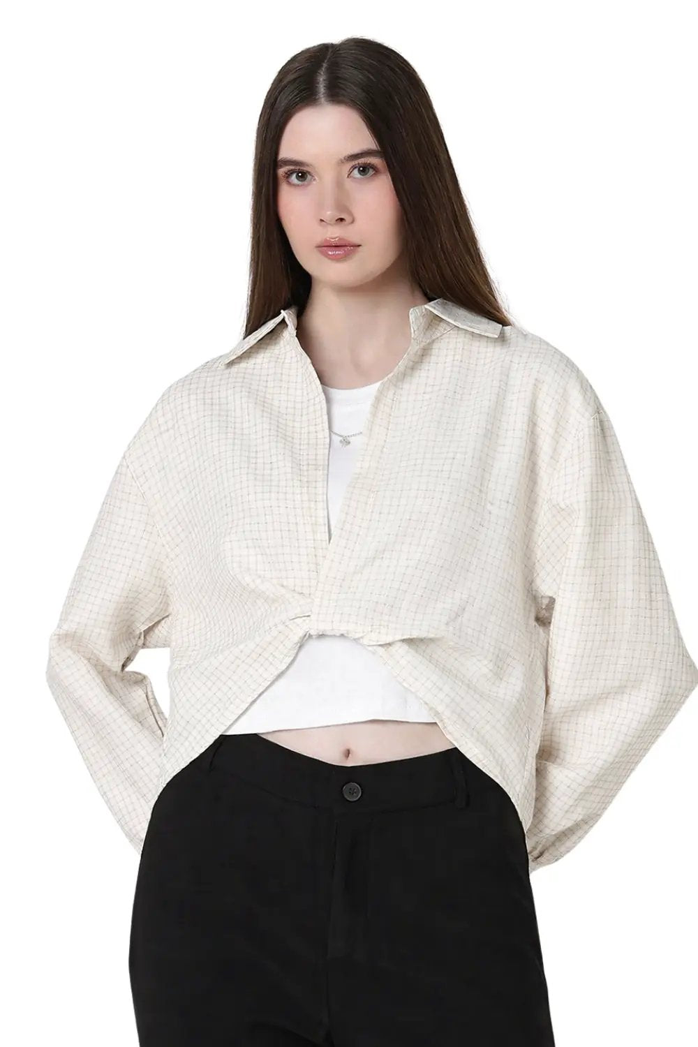 Women's Checked Cream Oversized Top with Chain