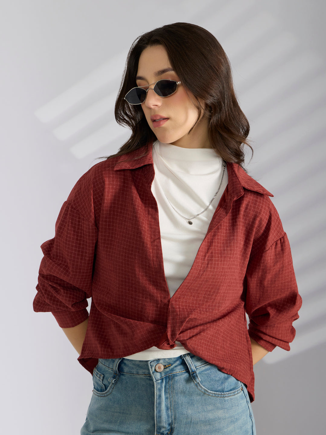 Women's Checked Maroon Oversized Top with Chain