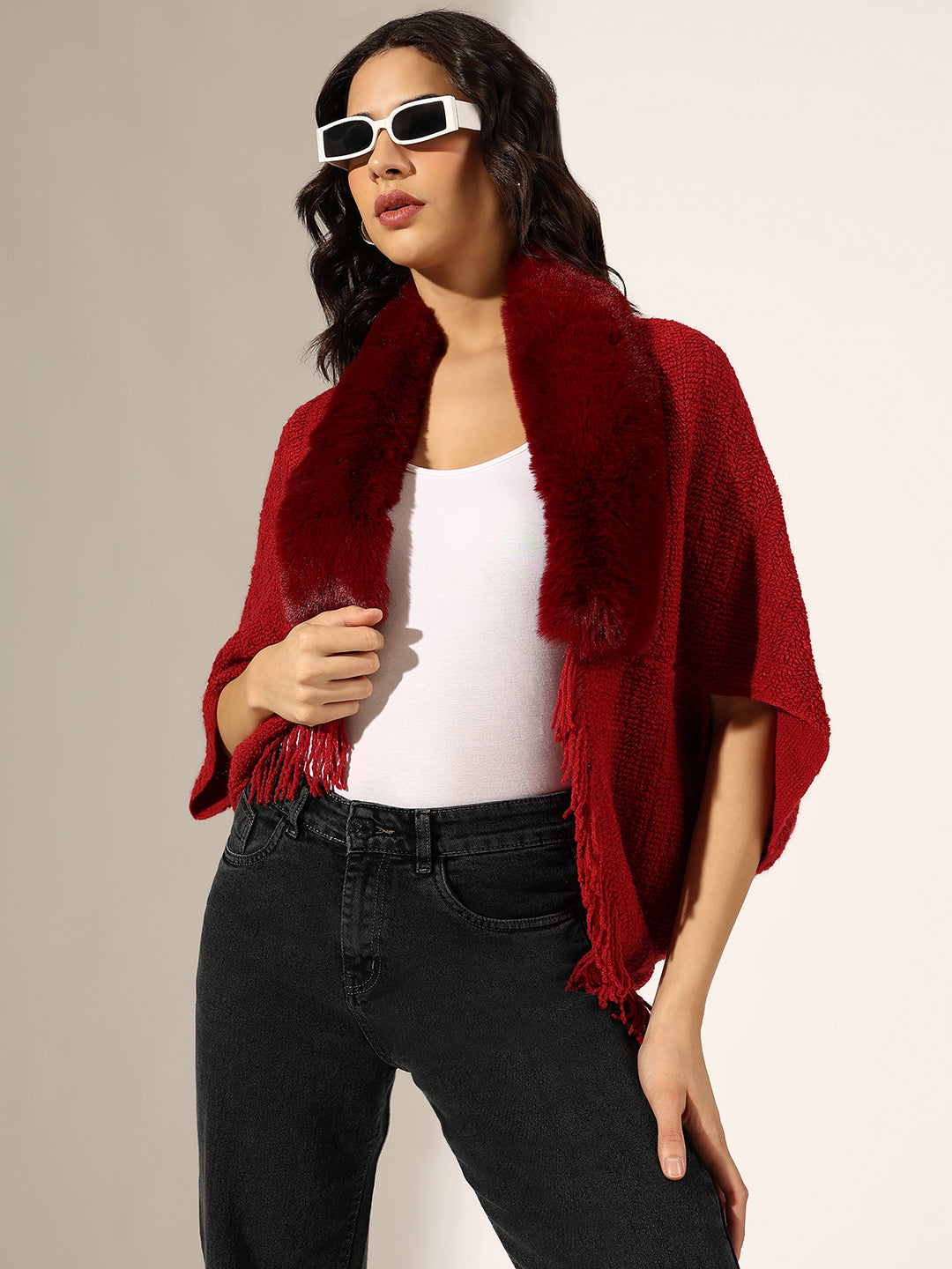 Women's Knitted Red Faux Fur Collar Poncho with Fringed Hem