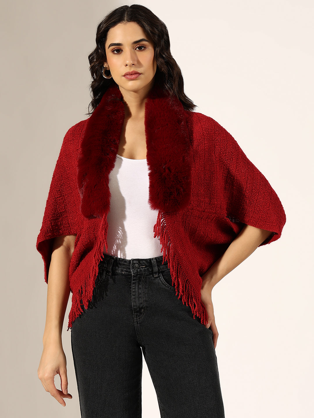 Women's Knitted Red Faux Fur Collar Poncho with Fringed Hem
