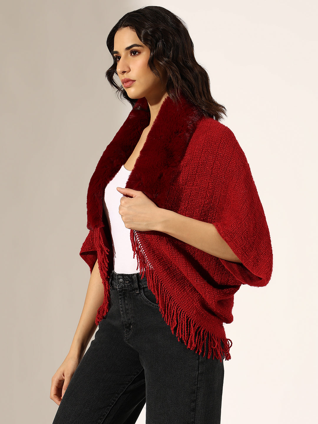 Women's Knitted Red Faux Fur Collar Poncho with Fringed Hem