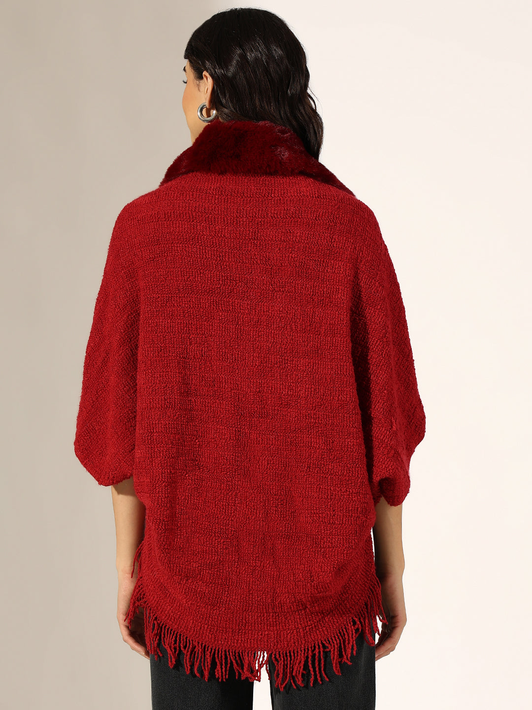Women's Knitted Red Faux Fur Collar Poncho with Fringed Hem