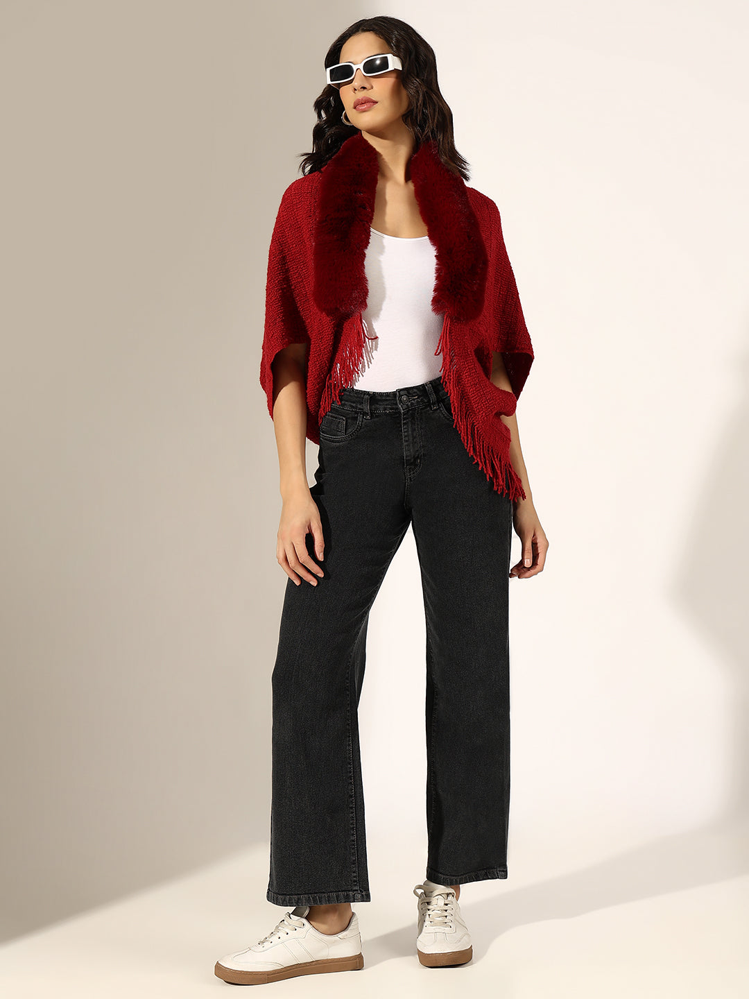 Women's Knitted Red Faux Fur Collar Poncho with Fringed Hem