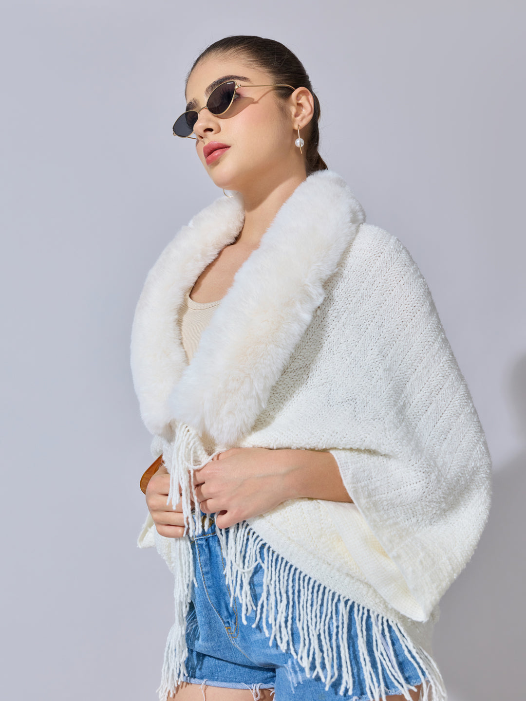 Women's Knit White Faux Fur Collar Poncho with Fringe Hem