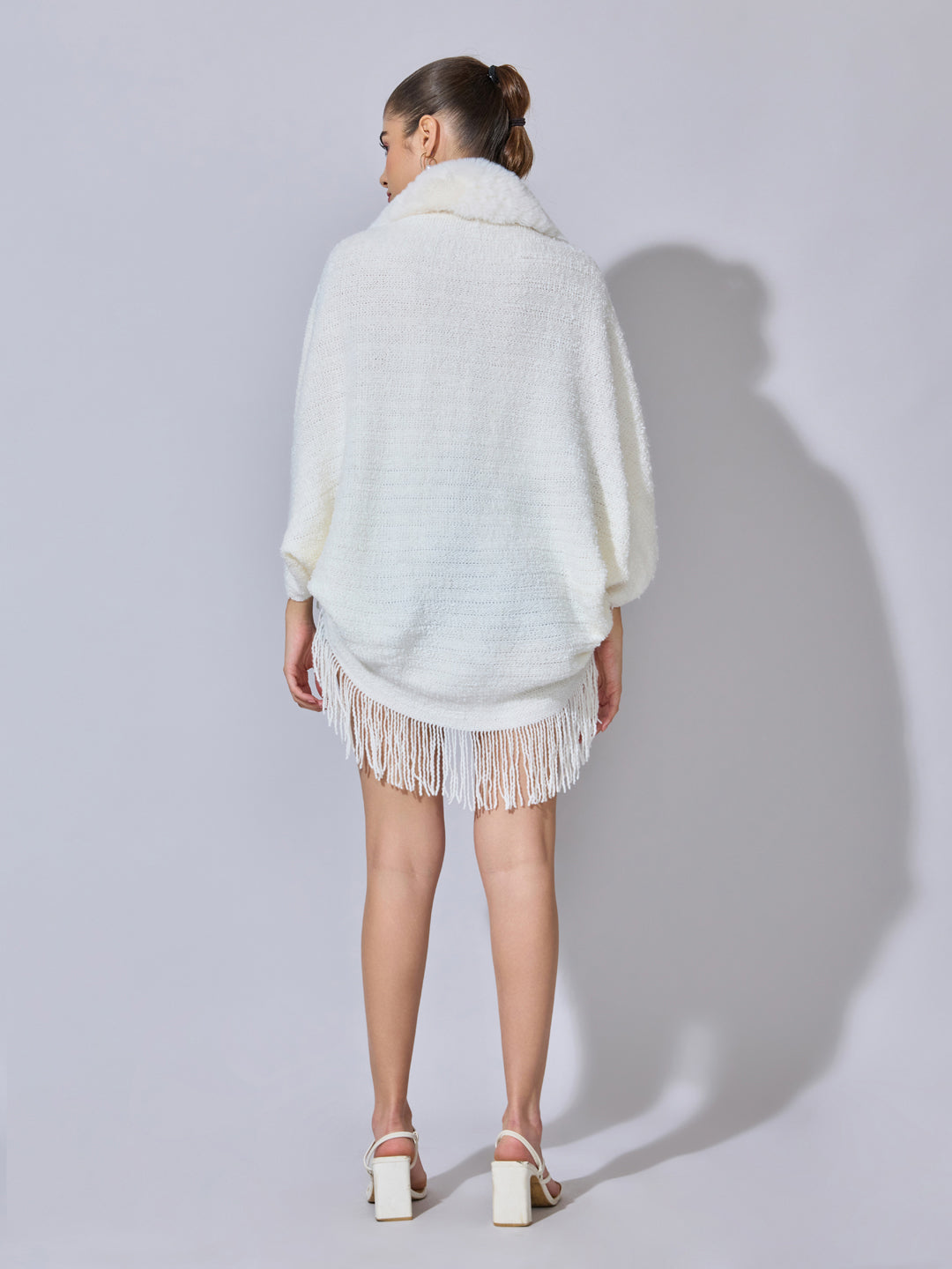 Women's Knit White Faux Fur Collar Poncho with Fringe Hem