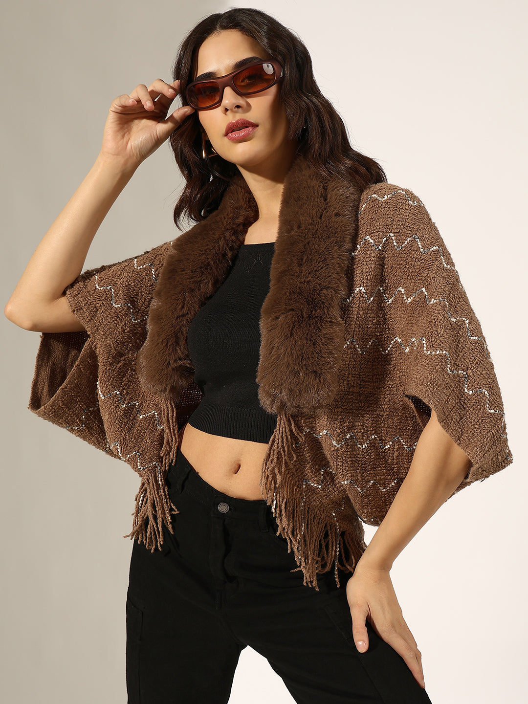 Women's Knitted Brown Faux Fur Collar Poncho with Fringed Hem